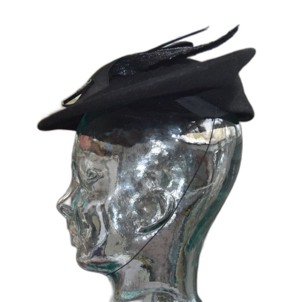 Vintage 1940s Glenover Henry Pollak Black Wool Tilt Hat Leaves Hatpins